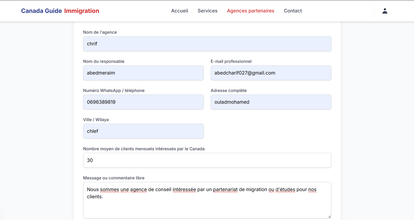 Canada Immigration Services Platform Screen 1